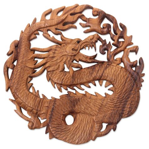Kiva Store Hand Carved Suar Wood Balinese Dragon Relief Panel
