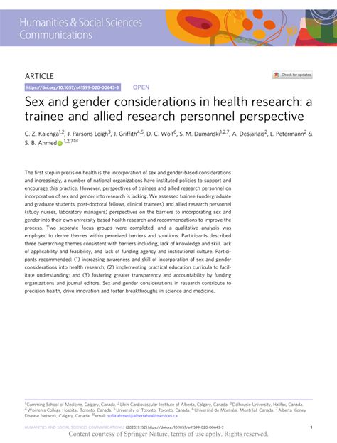 Pdf Sex And Gender Considerations In Health Research A Trainee And