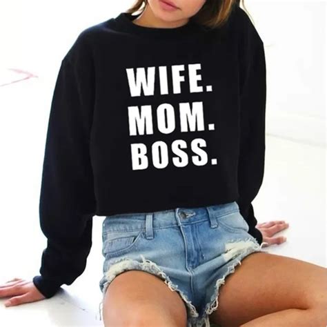 Wife Mom Boss Womens Fashion Casual Tops Letter Printed Sweatshirts Cute Pullovers O Neck