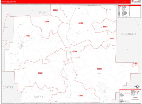 Wayne County Mo Zip Code Wall Map Red Line Style By Marketmaps
