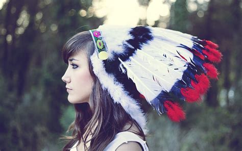 Wallpaper Women Model Brunette Photography Profile Feathers Dress Blue Headdress
