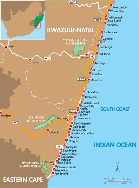 Map Of Towns Along The Kwazulu Natal South Coast Up To The Port