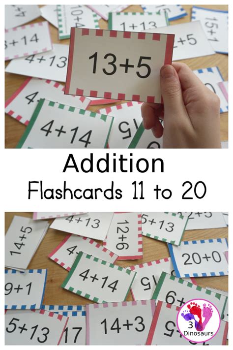 Free Addition Flashcards Printables 11 20 In 5 Colors 3 Dinosaurs