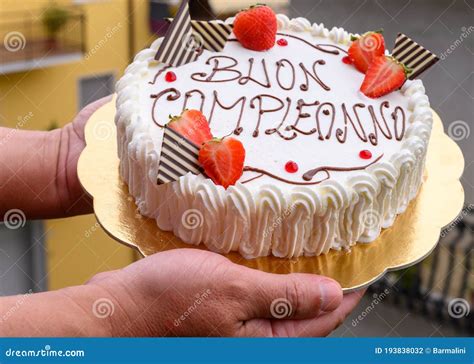 Traditional White Italian Birthday Cake With Congratilations Buon