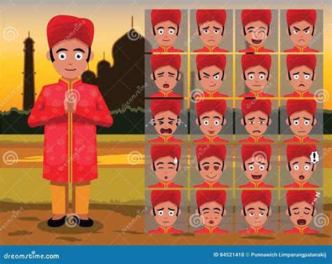Indian Traditional Man Cartoon Emotion Faces Vector Illustration Stock