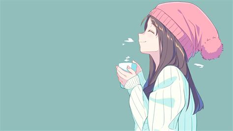 Anime Hat Anime Girls Tea Closed Eyes Simple Background