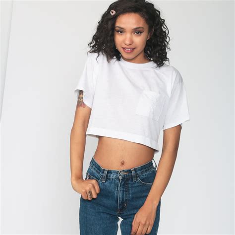 White Crop Top Embroidered Floral Pocket Cropped Tshirt Plain Tshirt