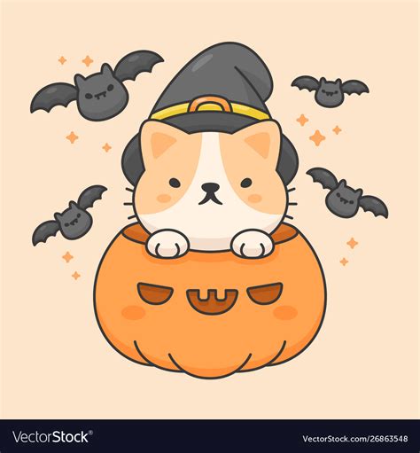 Cute Cat In A Pumpkin Wear Halloween And Bats Vector Image