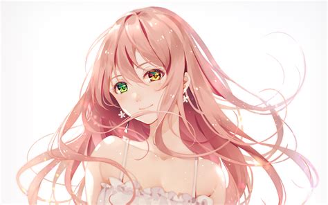 Smile Original Anime Girl Earrings Pink Hair Heterochromia Long Hair Green Eyes Yellow