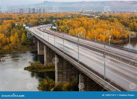 Bridge Over Yenisey River In Krasnoyarsk Russia In Autumn Stock Image