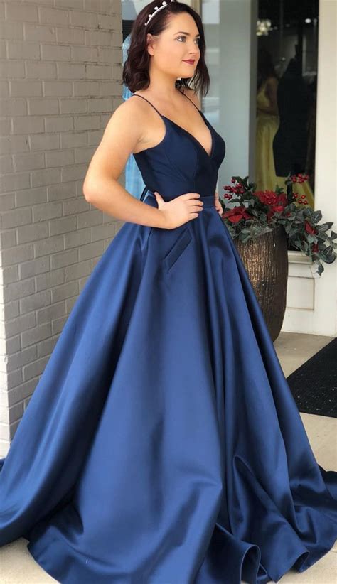 Elegant Navy Blue Long Prom Dress 2019 Prom Dress With Pockets Satin