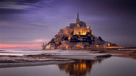 France Monastery Mont Saint Michel Normandy Reflection Travel Hd