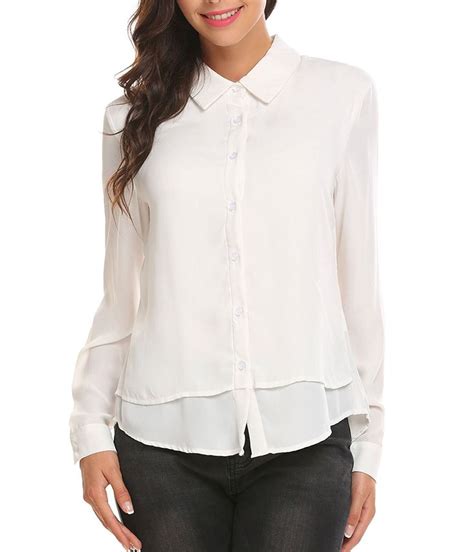 women casual chiffon blouse long sleeve turn down collar button down shirts top white