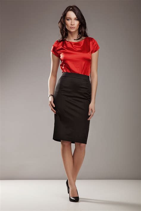black satin pencil skirt red satin blouse sheer pantyhose and black high heels satin clothing