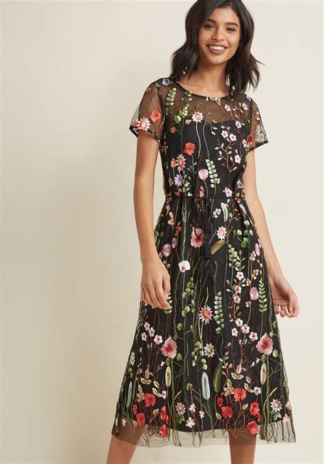 Floral Midi Dress With Embroidered Overlay Embroidered Midi Dress