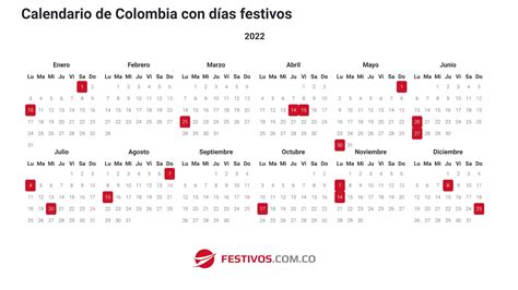 Calendario De Colombia Con Días Festivos 2021 2022