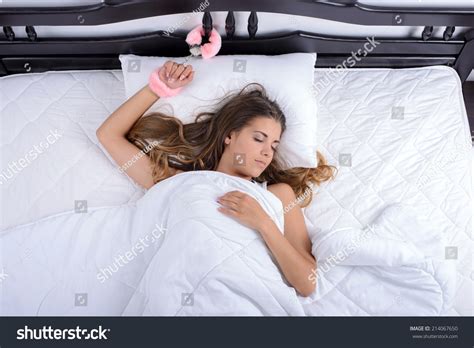 Стоковая фотография 214067650 Young Sexy Girl Lying Bed Handcuffs Shutterstock