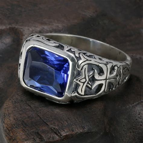 Real Pure 925 Sterling Silver Rings For Men Blue Natural Crystal Stone