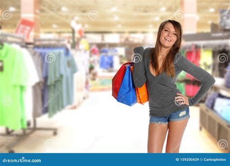 Young Beautiful Girl Wearing Shorts Inside A Mall Stock Image Image