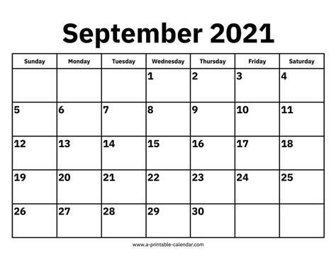 September 2021 Calendar A Printable Calendar