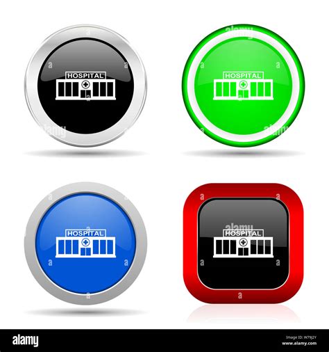 Hospital Building Red Blue Green And Black Web Glossy Icon Set In 4