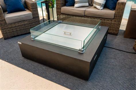 42 X 42 Square Modern Concrete Fire Pit Table W Glass Guard And Crystals In Brown By Akoya
