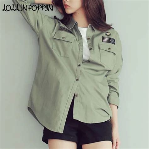 Women Military Style Army Shirt Long Sleeve Ladies Light Army Green