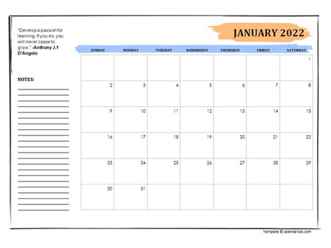 2022 Yearly Calendar With Blank Notes Free Printable Templates