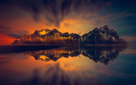 Mountains Wallpaper 4K, Snow covered, Glacier, Reflection, Lake, Dawn