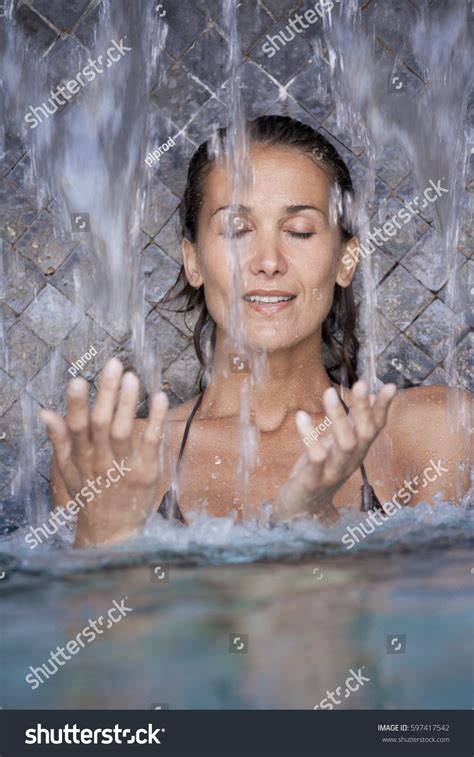 Portrait Beautiful Woman Pool Under Waterfalls Stock Photo