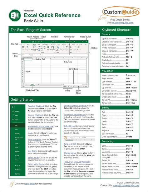 Microsoft Excel Quick Reference Guide Free Kit