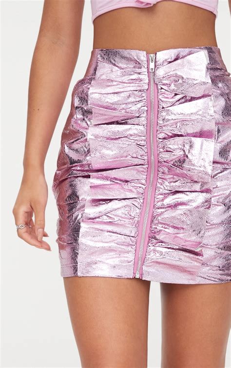 Pink Metallic Faux Leather Zip Frill Mini Skirt Prettylittlething Usa