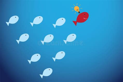 Red Fish With Light Bulb And Blue Fishes Leadership And Business