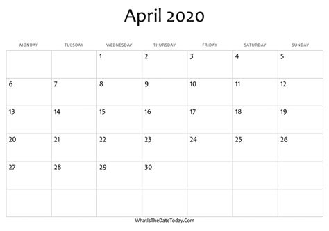 Blank April Calendar 2020 Editable Whatisthedatetodaycom
