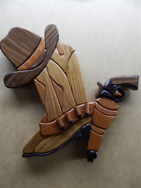 Cowboy Boots Hat And Gun Wood Intarsia Wall Hanging Handcrafted Scroll