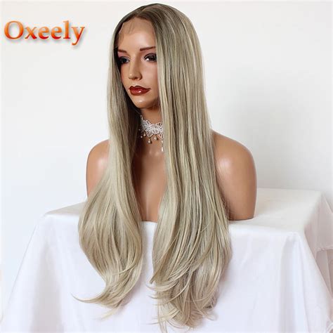 Oxeely Платина блонд длинные прямые волосы синтетические волосы на ...