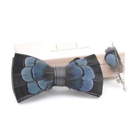 Black And Blue Pheasant Feathers Bow Tie And Lapel Pin Set Etsy