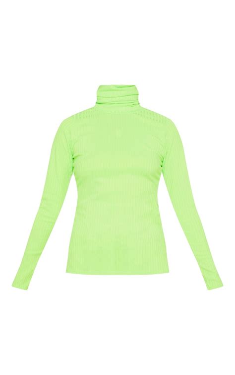 Neon Lime Rib High Neck Long Sleeve Top Prettylittlething Usa