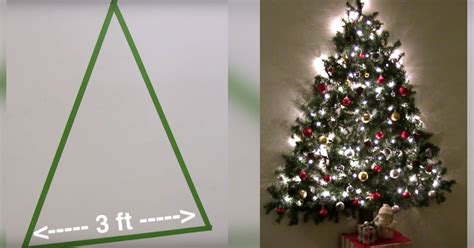 Red paper frame on wall with christmas label calligraphy designs. Wall Mounted Christmas Tree Saves Space By Attaching Garland & Lights