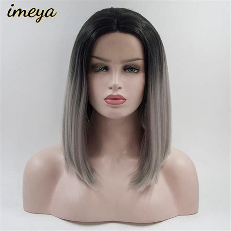 Imeya Short Bob Wig Ombre Grey Hair Color With Black Roots Synthetic Lace Front Wig Heat