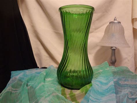 Hoosier Glass Long Stem Vase Green Glass Swirl Pattern In Tall Vintage S By