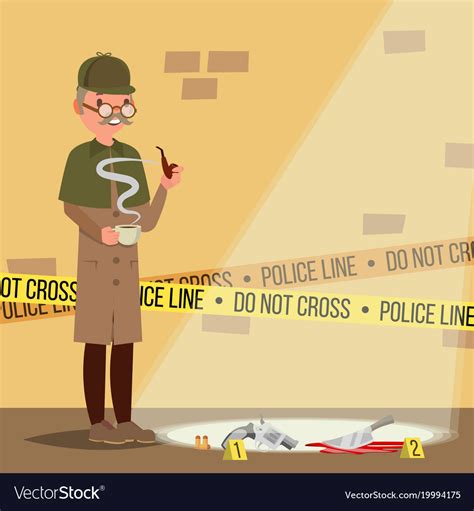 Crime Scene Detective At Crime Scene Flat Cartoon Vector Image