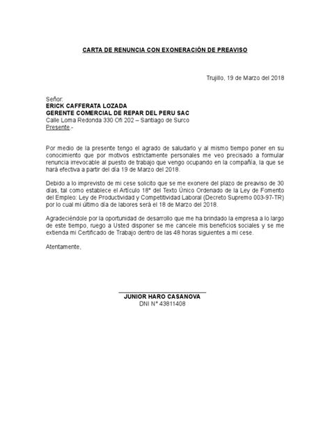 Modelo Carta De Renuncia Peru 2018 Modelo De Informe