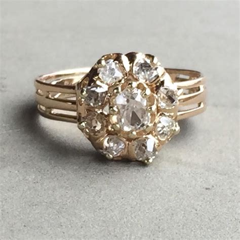 Victorian Old Mine Cut Diamond Cluster Engagement Ring In 14kt Yellow