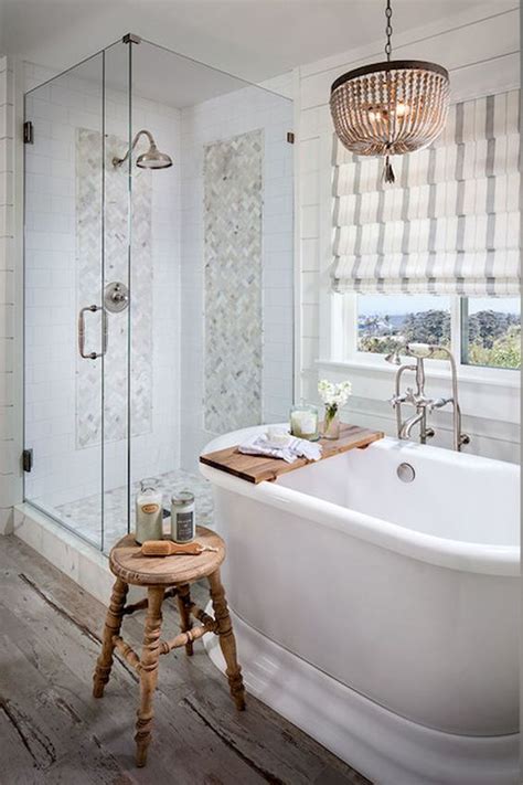 Frame out mirror & shelves over toilet in guest bath. 62 Cozy And Relaxing Farmhouse Bathroom Designs - DigsDigs