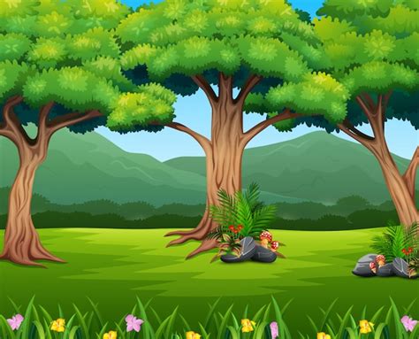 Dibujos Animados Naturaleza Paisaje Con Plantas Y árboles Vector Premium