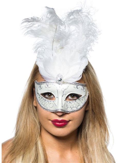White And Silver Venetian Tall Feather Mask White Masquerade Mask