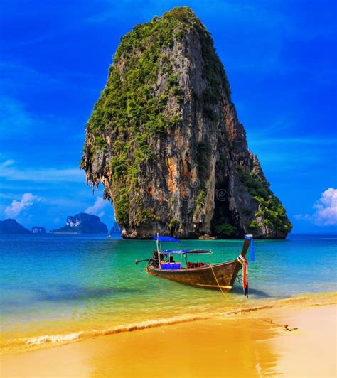 Thailand Exotic Sand Beach And Boats In Asian Tropical Island Stock