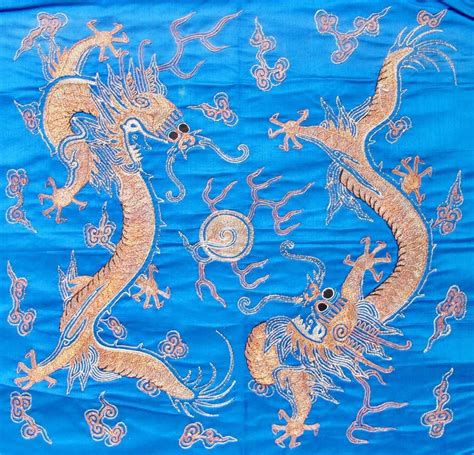 Silk 22 Antique Chinese Embroidery Blue Fabric Panel W 2 Gold Thread
