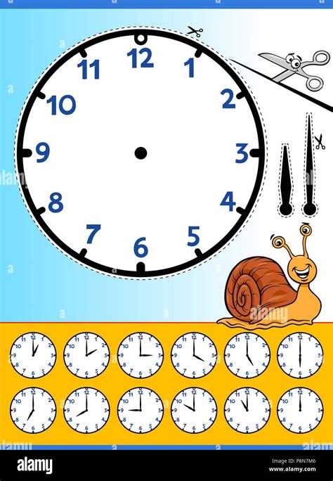 Cartoon Illustrations Of Clock Face Telling Time Educational Worksheet